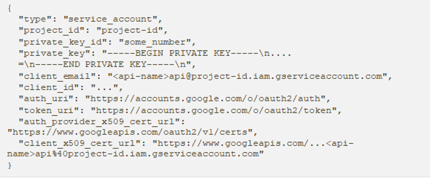 { "type": "service_account", "project_id": "project-id", "private_key_id": "some_number", "private_key": "-----BEGIN PRIVATE KEY-----\n.... =\n-----END PRIVATE KEY-----\n", "client_email": "<api-name>api@project-id.iam.gserviceaccount.com", "client_id": "...", "auth_uri": "https://accounts.google.com/o/oauth2/auth", "token_uri": "https://accounts.google.com/o/oauth2/token", "auth_provider_x509_cert_url": "https://www.googleapis.com/oauth2/v1/certs", "client_x509_cert_url": "https://www.googleapis.com/...<api-name>api%40project-id.iam.gserviceaccount.com" } 