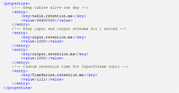 <properties> <!-- Keep tables alive one day --> <entry> <key>table.retention.ms</key> <value>86400000</value> </entry> <!-- Keep input and output streams for 1 second --> <entry> <key>input.retention.ms</key> <value>1000</value> </entry> <entry> <key>output.retention.ms</key> <value>1000</value> </entry> <!-- Custom retention time for InputStream topic --> <entry> <key>TimeSeries.retention.ms</key> <value>1111</value> </entry> </properties> 