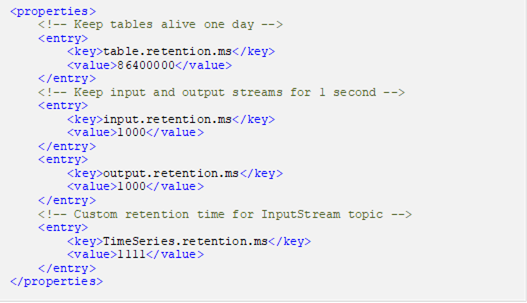 <properties> <!-- Keep tables alive one day --> <entry> <key>table.retention.ms</key> <value>86400000</value> </entry> <!-- Keep input and output streams for 1 second --> <entry> <key>input.retention.ms</key> <value>1000</value> </entry> <entry> <key>output.retention.ms</key> <value>1000</value> </entry> <!-- Custom retention time for InputStream topic --> <entry> <key>TimeSeries.retention.ms</key> <value>1111</value> </entry> </properties>